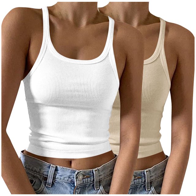 Timegard Camisoles 2 Pcs pour Femmes Col Rond Côtelé Sans Manches Ajusté Court Haut Décontracté Sortie Camis