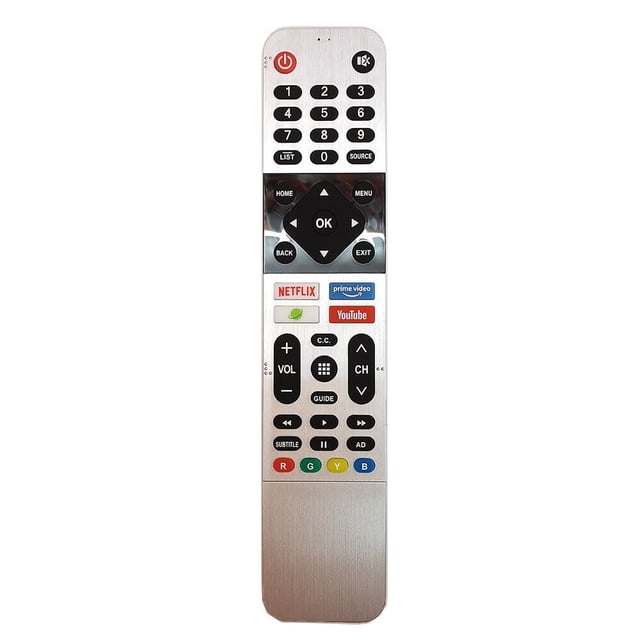 New Original 539C-268916-W000 For Skyworth Panasonic TV Remote Control TB5000. This ABS plastic remote features a brushed metallic finish, numeric keypad, navigation buttons, and dedicated streaming buttons for Netflix, Prime Video, and YouTube. Compatible with Skyworth and Panasonic TVs, it measures 17.5cm x 5cm x 2.5cm and requires 2 AAA batteries (not included).
