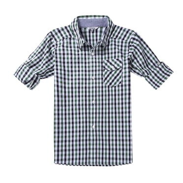 Bienzoe Boy's Cotton Plaid Roll Up Button Down Sports Shirts Green/Black 3/4