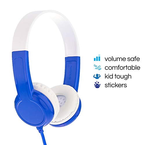 BuddyPhones Discover | Kids Headphones | Non-Foldable Durable Comfortable | Kids Safe Volume Limiting | Built in Audio Splitter | Blue