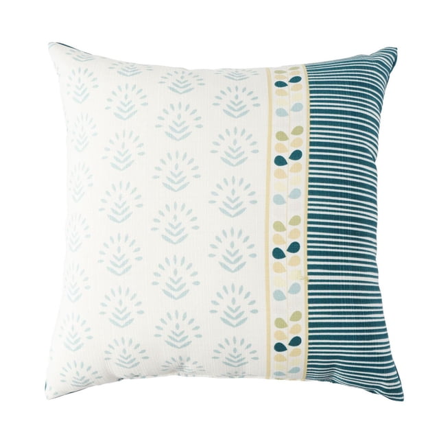 Stamp Blue Toss Cushion 2-Pack with a square outdoor pillow featuring a white background and light blue leaf pattern, a vertical stripe of multicolored leaf motifs, and a blue and white striped section, made from water-repellent, UV-treated recycled polyester, measuring 16 by 16 by 5 inches, ideal for patio décor and suitable as extra outdoor seating comfort.