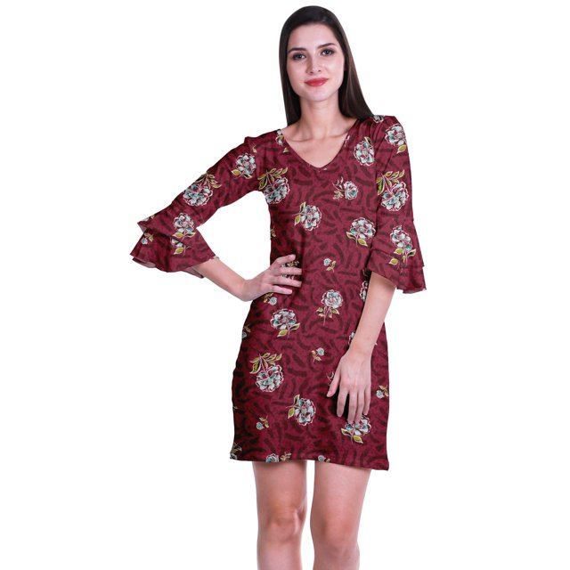 Moomaya Robe Courte Imprimée pour Femmes, Manches Évasées, Coupe Droite, Robes pour Femmes, Vêtements d'Été Décontractés