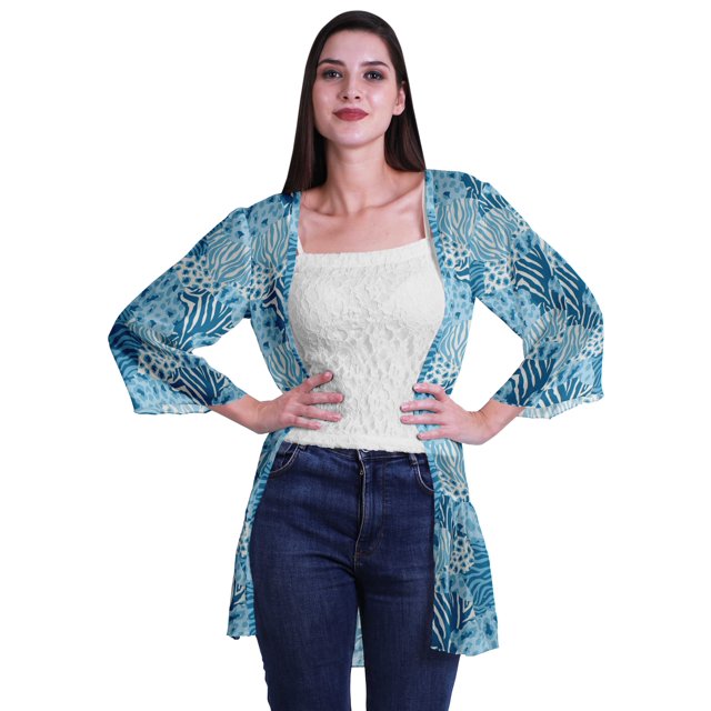 Moomaya Printed Georgette Shrug Ruffled Back Drop Hem Beach Cover Up For Women
