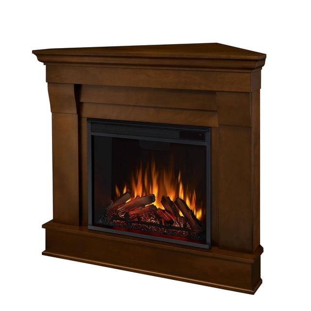 Chateau Corner Electric Fireplace with medium brown wooden mantel and VividFlame electric firebox displaying realistic glowing embers and flames, infrared quartz heating delivering 5100 BTUs for supplemental heat in rooms up to 1000 sq ft, designed for corner placement.