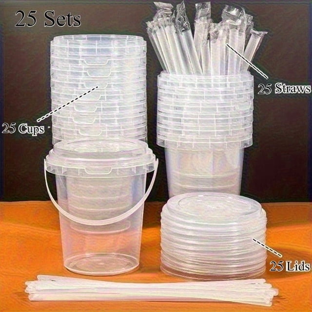 AMERTEER 75pcs set with 25 hand-held plastic cups, 25 lids, and 25 straws, each cup holding 23.67 ounces. These reusable BPA-free cups are suitable for cold drinks and fruit extracts, offering a spill-proof design ideal for parties, picnics, or casual use. The image displays transparent cups, lids, and individually wrapped straws stacked neatly on an orange surface, emphasizing their use as disposable tableware.