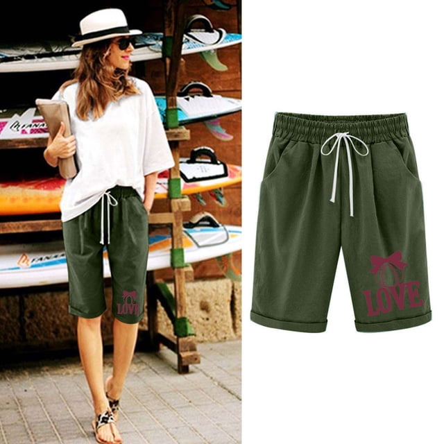 LOVZFMLL Women Printed Elastic Waist Drawstring With Casual Pockets Shorts Army Green S