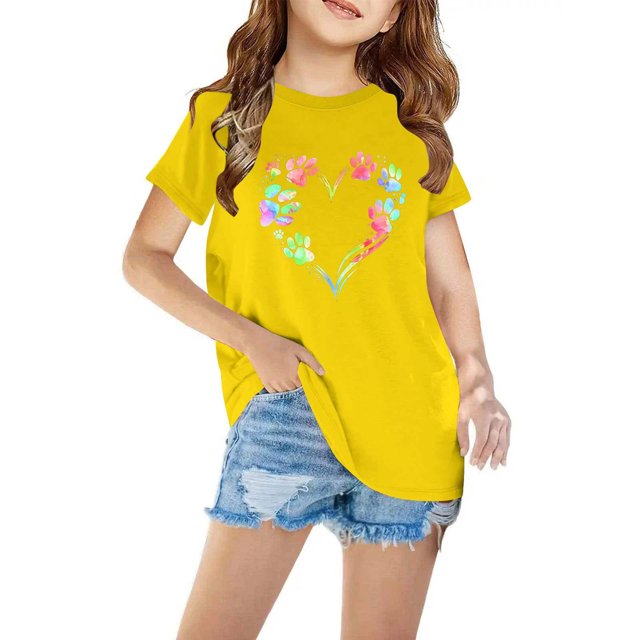 T-Shirts pour Filles, Enfants Garçons Filles T-shirt en Coton Mode Mignon Col Rond Imprimé Tee Manches Courtes Haut