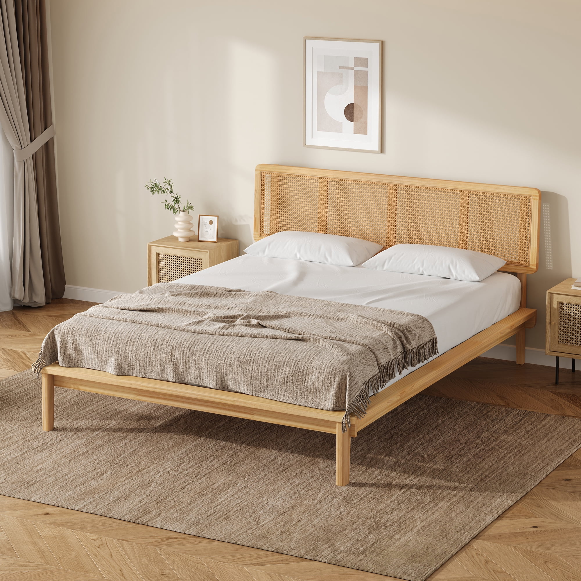 Noble House Modern Rattan Platform Bed,Cane Headboard & Footboard with Natural Woven Panels,Mid-Century Bed Frame,Walnut