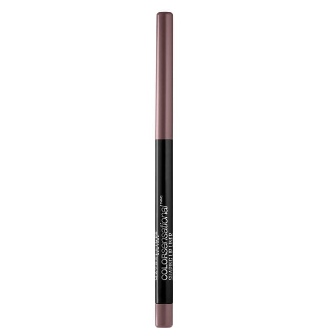 Maybelline New York Color Sensational® Shaping Lip Liner Gone Greige, 0.28 g, vertical front view of a slim lip liner with muted greige cap and base and black barrel with white branding. It provides creamy, precise lip definition and long-lasting lipstick hold, suitable for lip contouring and makeup.