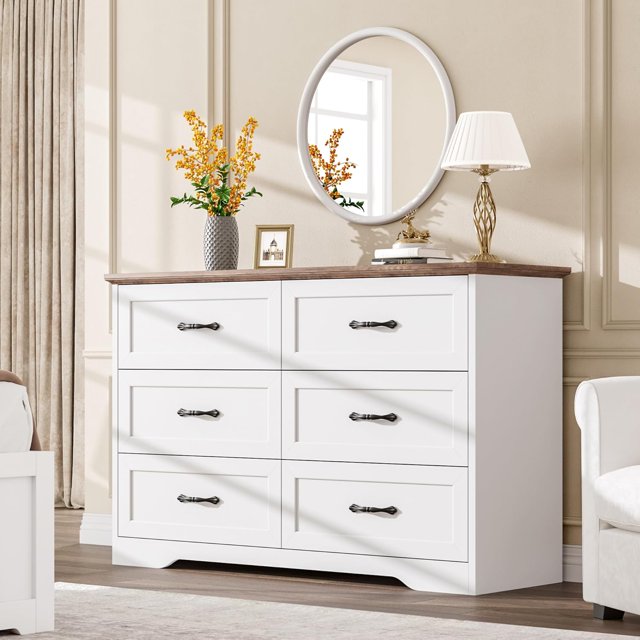Commode Rustique à 6 Tiroirs Doubles pour Chambre, Commode de 47,2 Po de Large, Commode Horizontale en Bois avec Poignées en Métal et Base Stable, Armoire Moderne pour Chambre, Salon, Blanc+brun