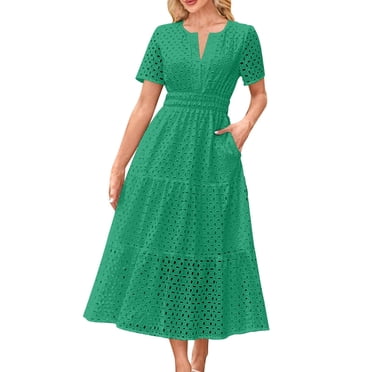 biudgviw Robes Maxi pour Femmes Été Manches Courtes Col en V Oeillets Ajouré à Étages Robe Trapèze Fluide Robe de Plage Vacances