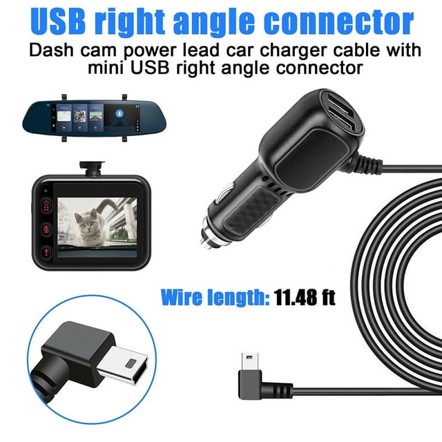 Dash Cam Car Charger Mini USB Cable 11.5Ft Power Cord Supply for DVR Camera GPS. Features a right-angle mini USB connector, dual USB ports for charging two devices simultaneously, and a blue LED indicator for visibility in dim light. Compatible with 12-24V car models and suitable for dash cams, GPS navigators, and other USB mini or micro USB devices. Includes a 3.5m (11.5ft) fire-resistant ABS cable.
