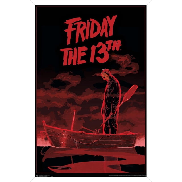 Friday The 13th - Affiche Murale de Bateau, 22,375 Pouces x 34 Pouces Présentant une Impression d'Art Mural d'Horreur Stylisée d'Une Figurine Masquée Se Tenant dans une Barque en Bois Tenant une Rame, avec Arrière-Plan Fumé Rouge et Noir et Texte de Titre Rouge Audacieux, Convient à la Déco Maison Ou à la Décoration de Fête.