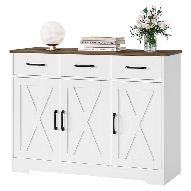 Homfa Buffet Bahut de Cuisine 42,5 Pieds' en Blanc au design Rustique, avec Trois Tiroirs, Trois Portes avec Poignées en Métal Noir et Tablettes Ajustables. le Dessus à grain de Bois Ajoute une Touche Rustique, Idéal pour le Rangement de Cuisine, l'Organisation du Bahut Ou pour Servir de bar à Café Ou de Meuble Télé.