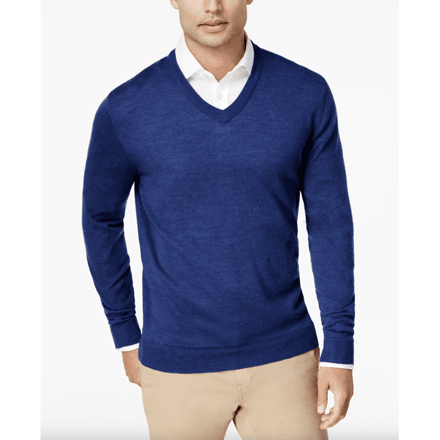Club Room Men’s Solid V-Neck Merino Wool Blend Sweater (Navy, S)