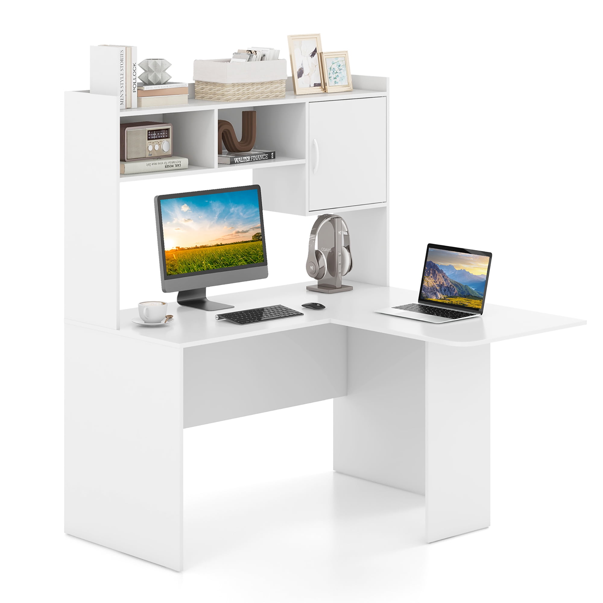 Gymax L-Shaped Desk w/ Open Storage Hutch Corner Computer Desk w/ Shelves & Cabinet