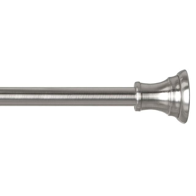 Mainstays Adjustable Tension Decorative Shower Curtain Rod with brushed nickel finish and flared decorative finials, adjustable from 43 to 72 inches to fit standard shower and tub areas, installs easily without tools or wall damage, suitable for renters and apartments.