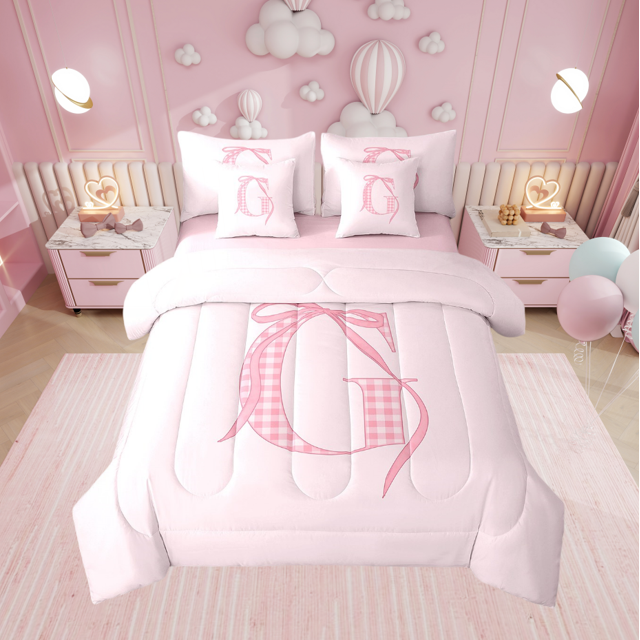 Erosebridal Literie Nœud Papillon Rose Girly Taille Simple, Lit dans un Sac Taille Simple, Décor Initiale g, Réversible 7 Pcs