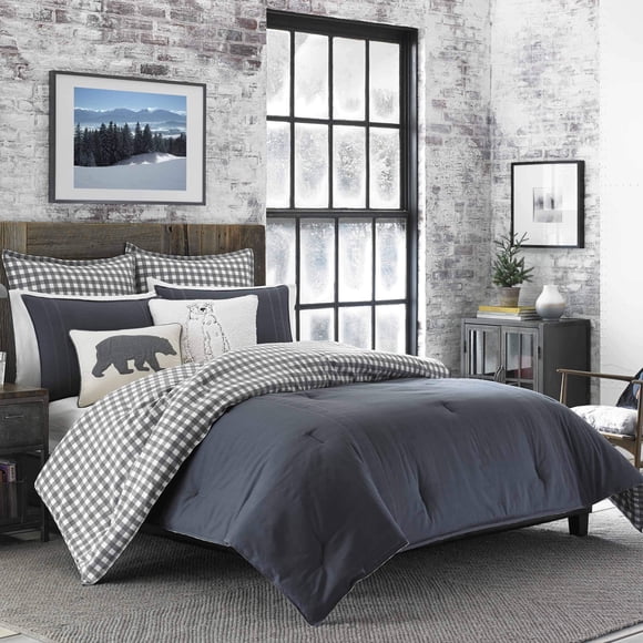 Eddie Bauer - Ensemble de Couette Simple, Literie Réversible en Coton avec Taie d'Oreiller Assortie, Prélavée pour Plus de Douceur (Kingston Charcoal, Simple)