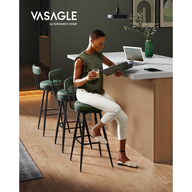 VASAGLE EKHO Collection - Bar Stools Set of 2, Swivel Counter Stools with Backs, Synthetic Leather with Stitching, Mid-Century Modern, 30-inch Tall, Forest Green