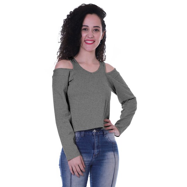Moomaya Womens Cold Shoulder Short Top Solid Full Sleeves Summer Tee Tops