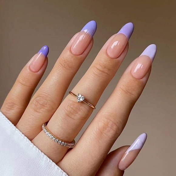 Fofosbeauty 24 Pcs Ongles Amande Designs 2022, Ongles Autocollants Moyens French Tip Nails, French Violet Pâle