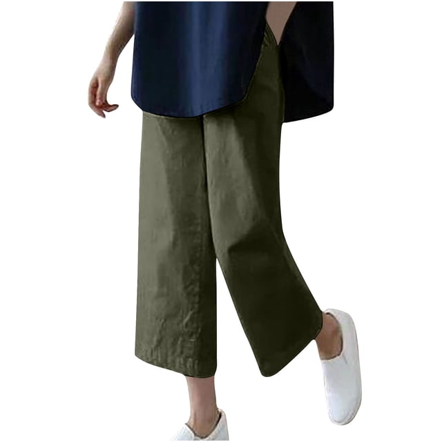 VEKDONE Pantalons Capri en Coton et Lin pour Femmes Vert Armée TTTG