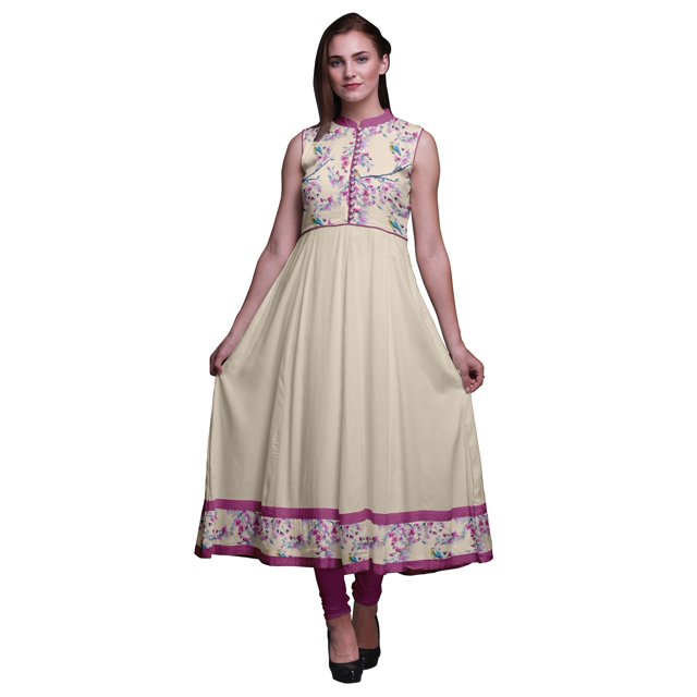 Bimba Kurti Longue Indienne Ivoire Aquarelle pour Femmes Tenue de Fête Imprimée Sans Manches Robe Anarkali Kurti X-Small