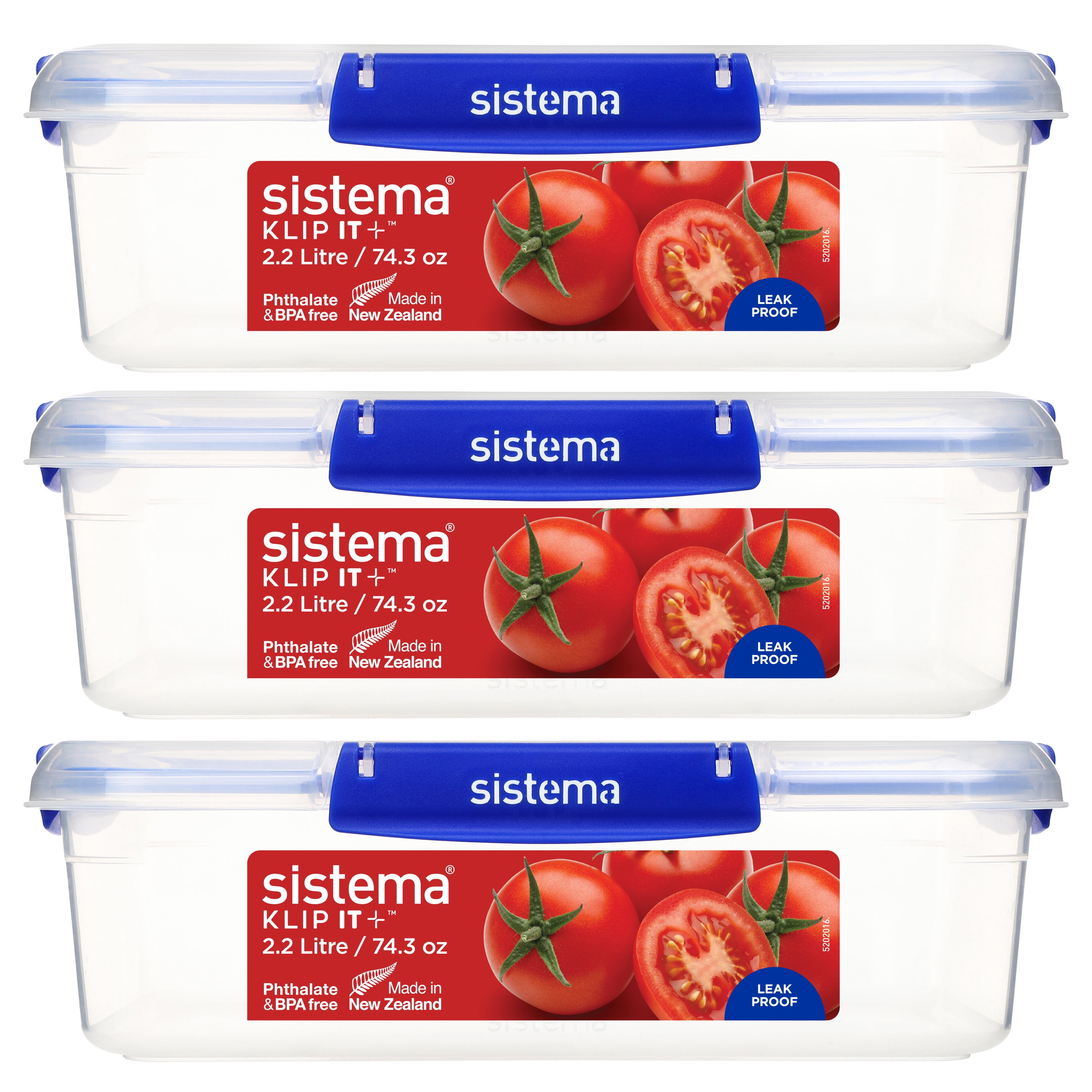Sistema KLIP IT PLUS Food Storage Containers, 2.2 L, Leak-Proof Seal, Airtight, Stackable & Nestable Meal Prep Containers with Lids, School Lunch Boxes, BPA-Free, 3 Count