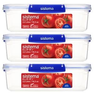 Sistema KLIP IT PLUS Food Storage Containers, 2.2 L, Leak-Proof Seal, Airtight, Stackable & Nestable Meal Prep Containers with Lids, School Lunch Boxes, BPA-Free, 3 Count