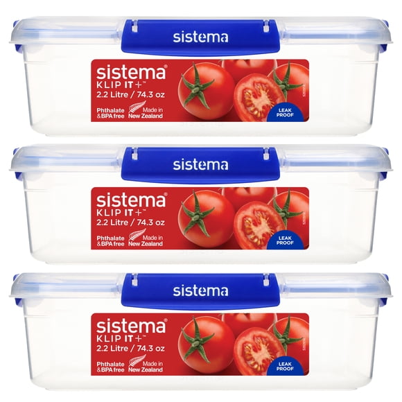 Sistema KLIP IT PLUS Food Storage Containers, 2.2 L, Leak-Proof Seal, Airtight, Stackable & Nestable Meal Prep Containers with Lids, School Lunch Boxes, BPA-Free, 3 Count