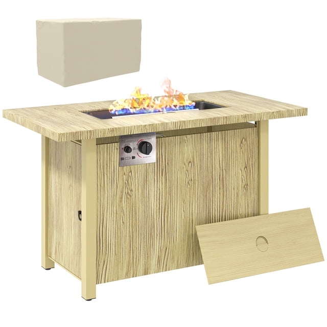 Outsunny table de Foyer au propane de 43 Pouces avec Housse Imperméable, Conçue pour le Chauffage Extérieur et une ambiance Chaleureuse. Présente une Finition Chêne Élégante, Brûleur Certifié CSA de 50 000 BTU, Roches de Verre Scintillantes et un Système d'Allumage Automatique. Comprend un design de Réservoir de Gaz Dissimulé, des Patins de Pieds Ajustables et une Housse Enduite de PVC Résistante aux Intempéries.
