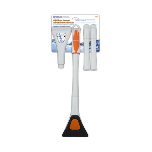 Penn-Plax Wizard Glass Aquarium Scraper & Scrubber combo kit with white and orange handle, black sponge scrubber head, stainless steel scraper head, and two white extension poles that float on water, designed for removing algae and mineral deposits in freshwater and saltwater aquariums.