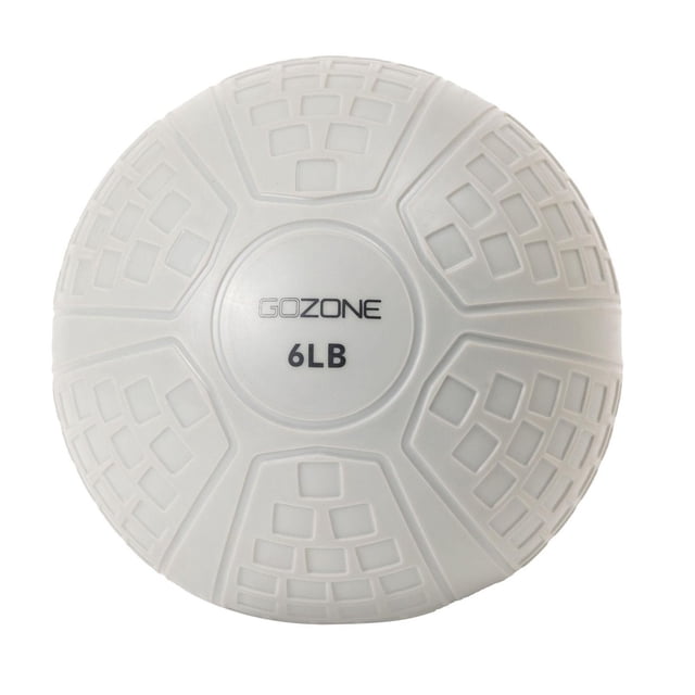 GoZone 6lb Fitness Ball in white with a 7-inch diameter and textured PVC surface for extra grip, ideal for strength and weight training exercises including squats, Russian twists, and slam ball workouts, also suitable for partner catch games.