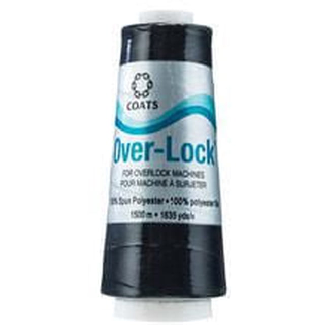 C&C Overlock 5000 Meter Cone black thread spool by Coats & Clark, 100% spun polyester serging thread for overlock machines, thread weight 40, ideal for finishing raw edges, seams, and rolled hems in sewing and crafting projects.