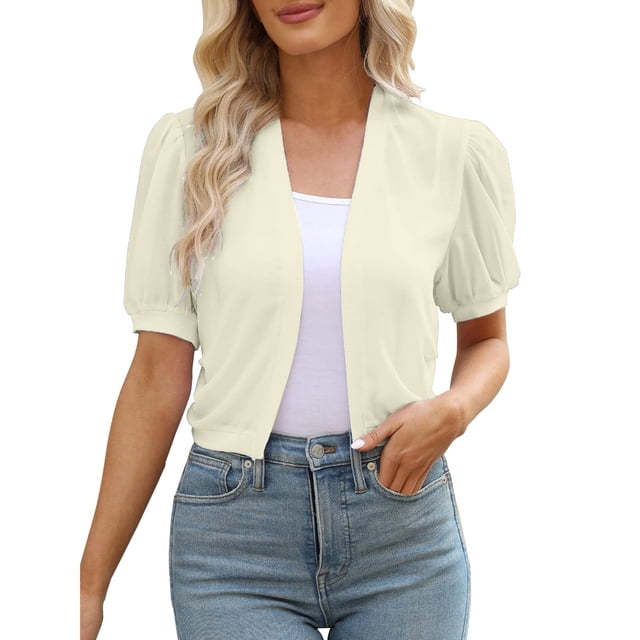 Kcodviy Women Puff Sleeve Bolero Light Weight Cardigan Sweaters for Women Open Front Summer Open Front Summer Cropped Sleeveless Cardigans for Women Sheer Jackets Cardigan