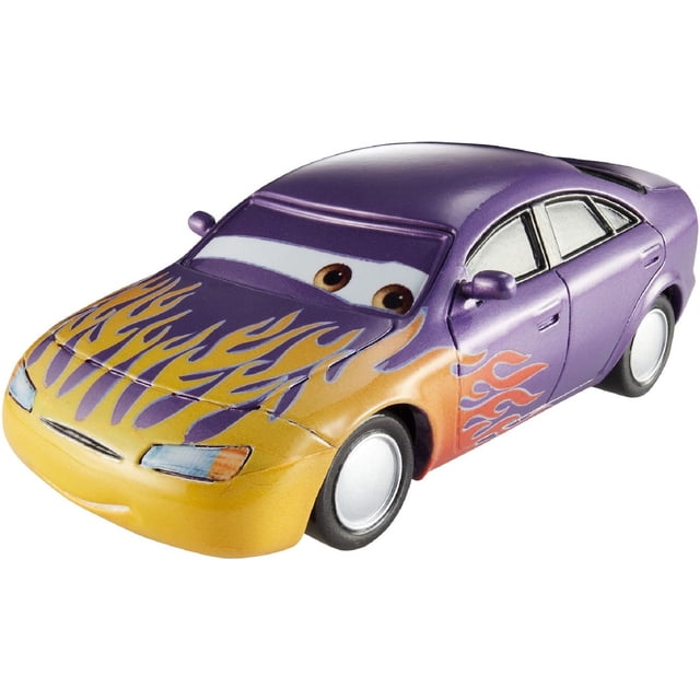 Disney/Pixar Cars Die-Cast Metallic Marilyn Vehicle showing a 3/4 front view of a 1:55 scale die-cast toy car with a purple and yellow body, orange flame decals on hood and sides, large cartoon eyes on the windshield, and silver wheels, ideal for expanding a Cars toy car collection.