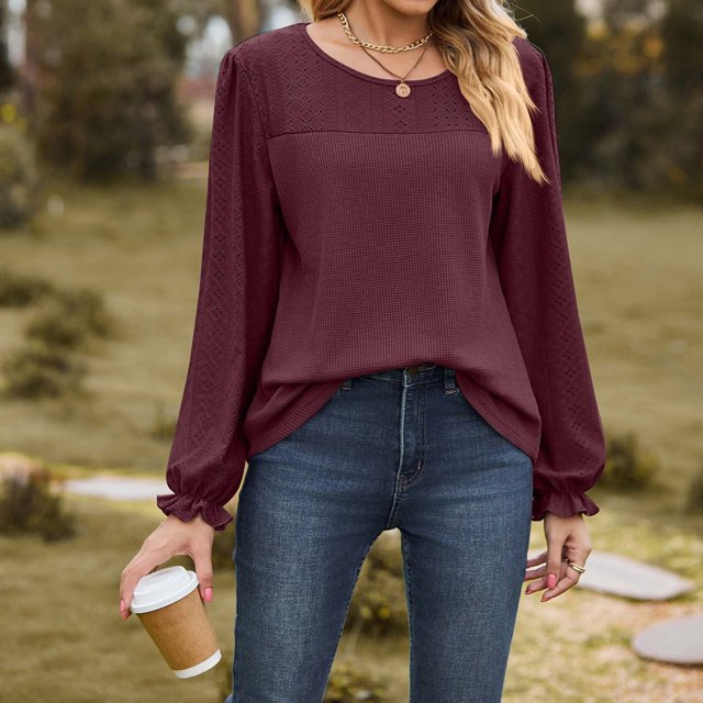 EQWLJWE Blouses à Manches Longues pour Femmes Col Rond Manches Longues Creusées Patchwork T-shirt Ample Vêtements d'Automne pour Femmes