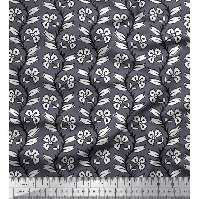 Soimoi Polyester Crepe Fabric Leaves & Floral Block Fabric Prints by Yard 52 Inch Wide