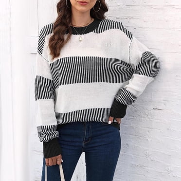 RXIRUCGD Women's Woven Striped Patchwork Semi-Turtleneck Zipper Loose Sweater Long Sleeve Lapel Top/Shirt, Black, Size: S