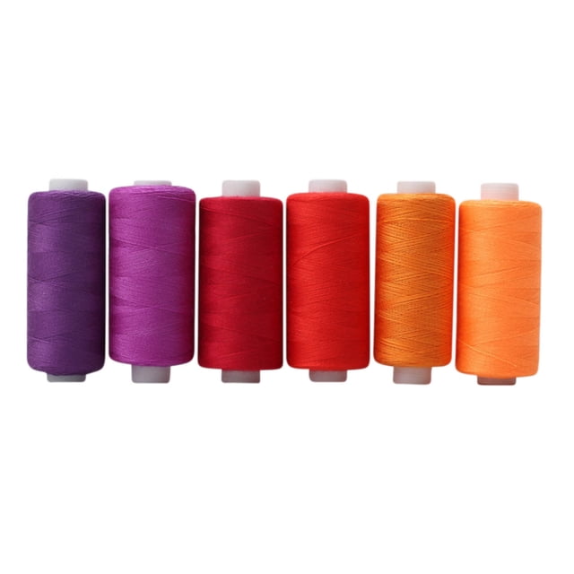 Meitianfacai Sewing Thread 36 Colors Sewing Industrial Machine and Hand Stitching Cotton Sewing Thread, featuring six spools in vibrant colors including purple, magenta, red, orange, and yellow. Each spool contains 400 yards of durable polyester fiber thread, ideal for arts and crafts, notions, machine sewing, hand stitching, embroidery, and other creative projects.