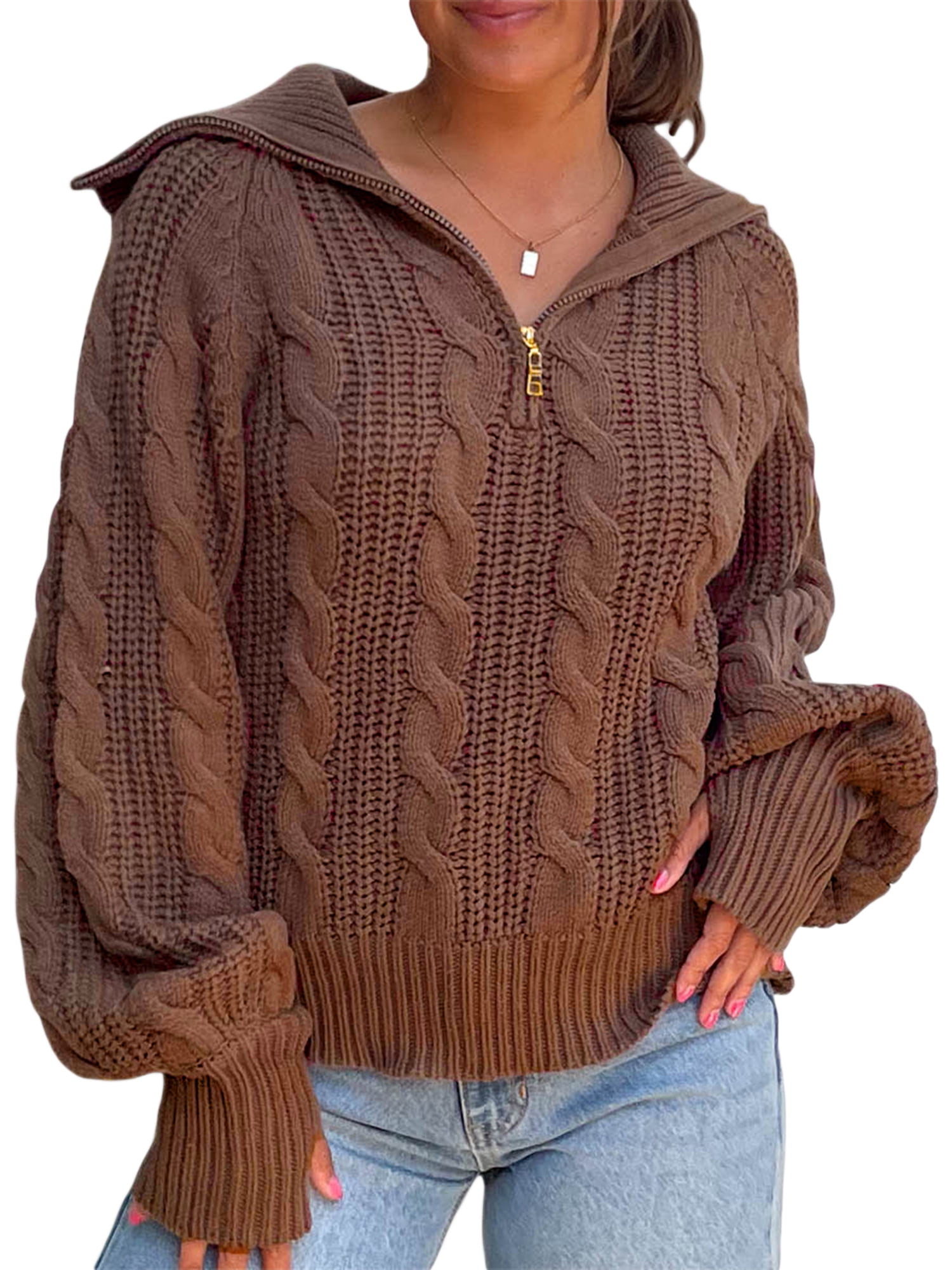 Gupgi Sweaters for Women Trendy Zip Up Long Sleeve Solid Color Sweater Tops Fall Lapel Cable Knit Pullover