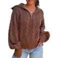 thumbnail image 1 of Gupgi Sweaters for Women Trendy Zip Up Long Sleeve Solid Color Sweater Tops Fall Lapel Cable Knit Pullover, 1 of 7