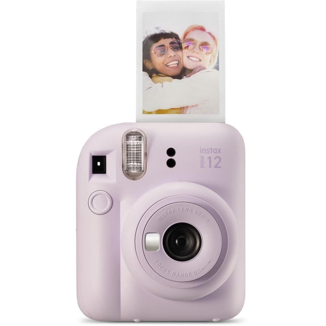 Fujifilm Instax Mini 12 Instant Camera in lilac purple with bubbly inflatable design, front view showing 60mm lens, automatic flash, and a credit card-sized instant photo printing from the top, ideal for quick close-up shots with adjustable viewfinder.