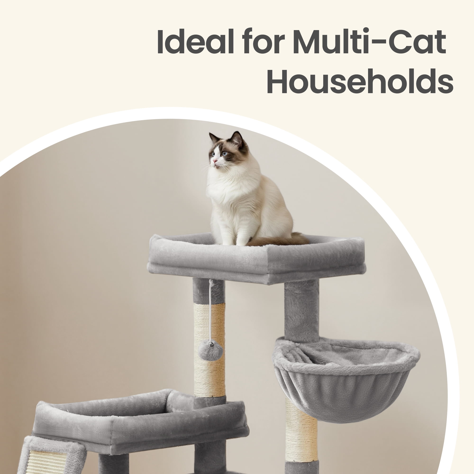 Feandrea Cat Tree, Cat Tower Condo with 2 Large Beds, Scratching Posts and Ramp, 85.8 cm Tall, Dove Grey PCT013GD01
