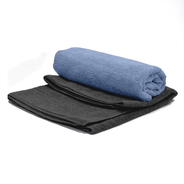 PurAthletics Lot de 2 Serviettes D\'entraînement Physique Montrant une Serviette en Microfibre Bleue Roulée et une Serviette Noire Pliée, Antibactériennes, Sans Charpie, Ultra-Absorbantes, à Séchage Rapide et Durables, Idéales pour le gym et Adaptées aux Voyages.