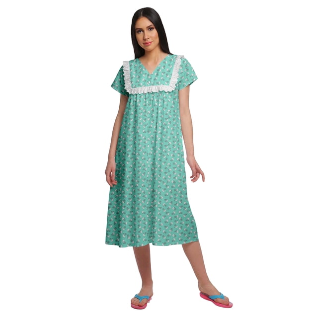 Moomaya Robe de Nuit à Manches Courtes Imprimée pour Femme, Col en V, en Coton