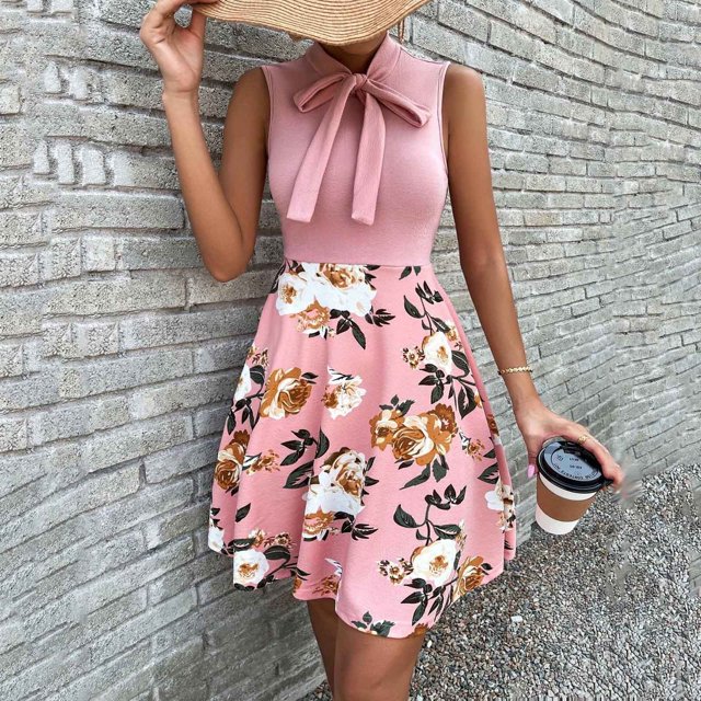 HKEJIAOI Robe Fleurie pour Femmes Robe d'Anniversaire Mode pour Femmes Col Rond Sans Manches Taille Haute Imprimée avec Nœud Robe Trapèze Économies Liquidation Rose