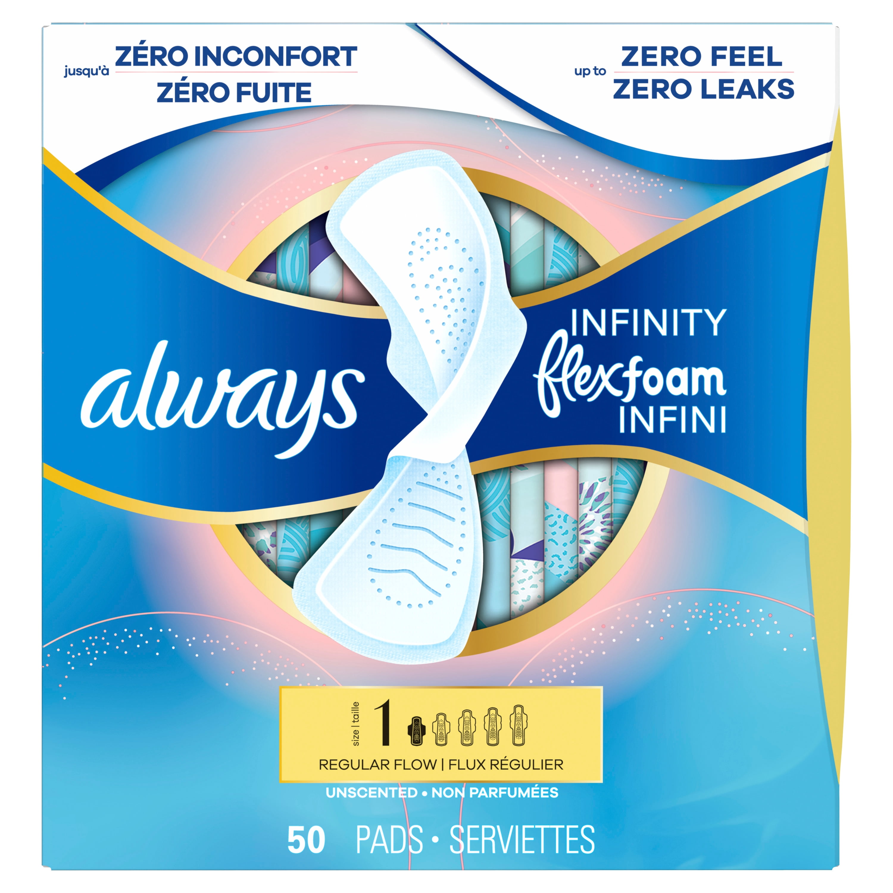 Serviettes Always Infini FlexFoam, régulières avec ailes, pour femmes, taille 1, sans parfum, 50 serviettes
