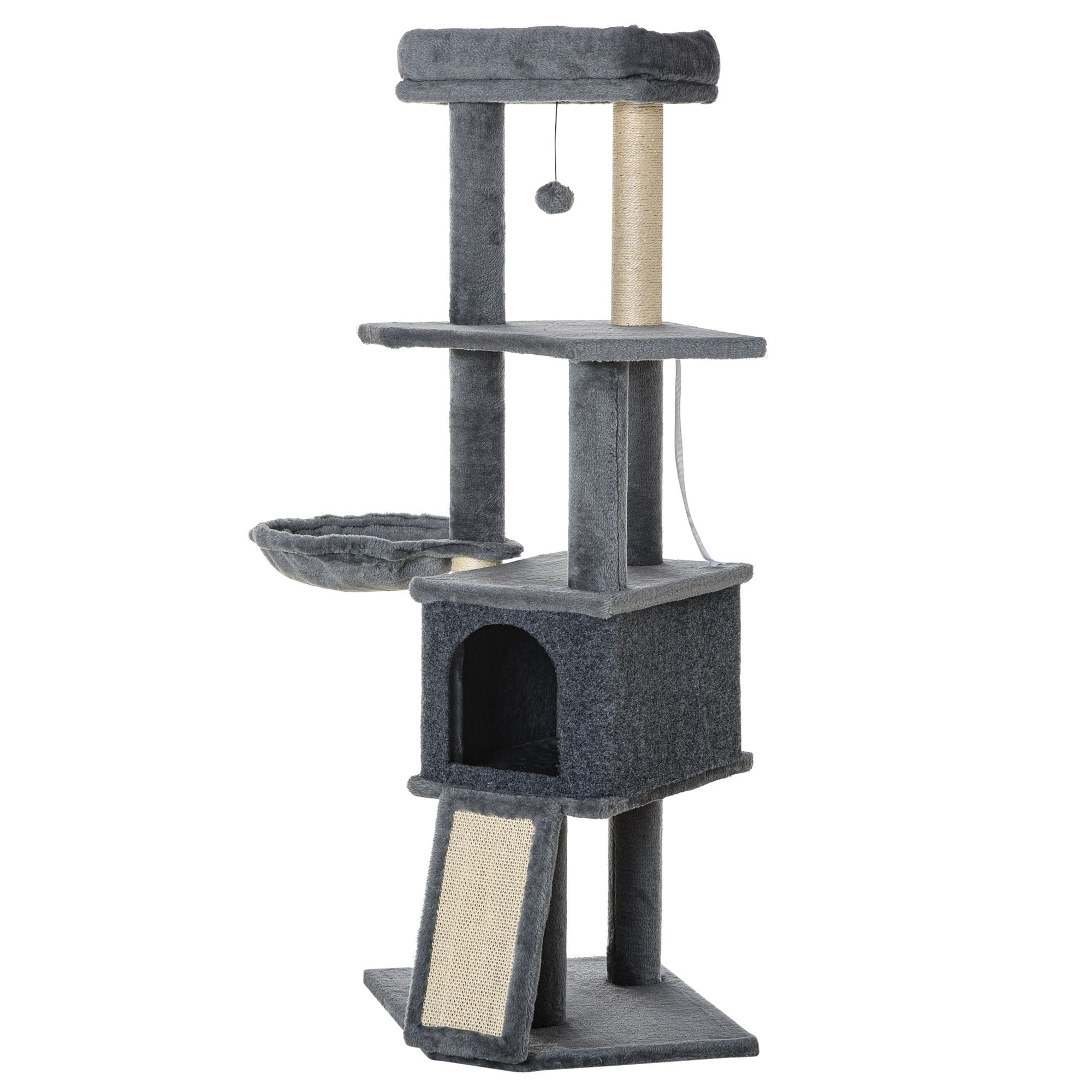 50" Multi-Level Grey Cat Tree Tower with Sisal Scratching Posts, Condo, Bed & Hammock - Ideal for Living Room & Playtime Enrichment